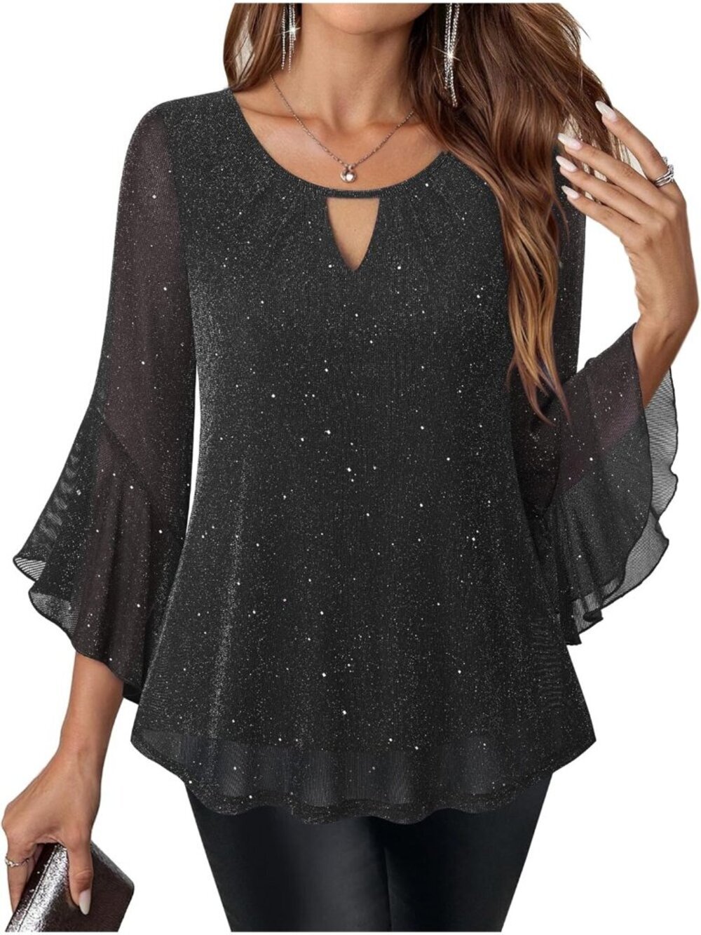 Women's Shirt Sparkly Black Ruffle 3/4 Sleeve Blouses Glitter Cocktail Party Top